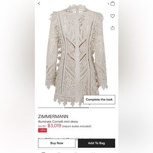 NWT Zimmermann Illuminate Cornelli Mini Dress with Slip